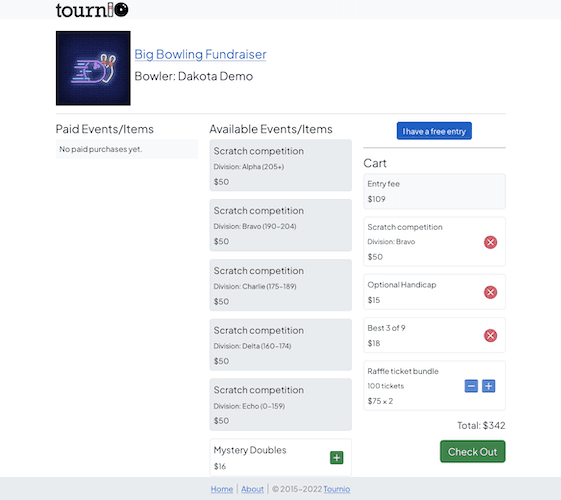 Screenshot of a bowler's shopping cart