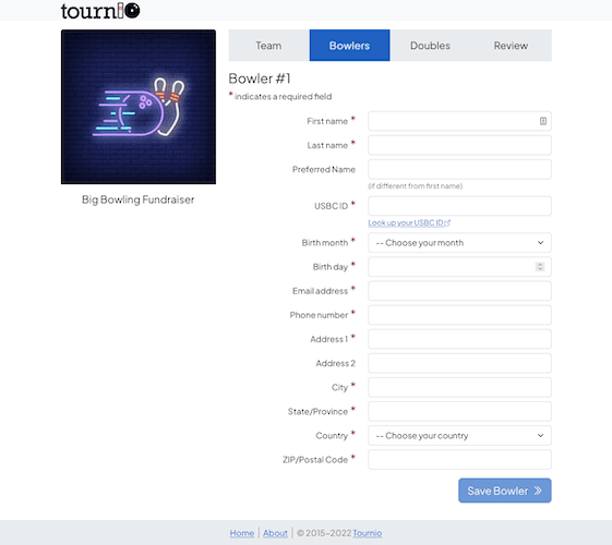 Screenshot of a tournament's registration form